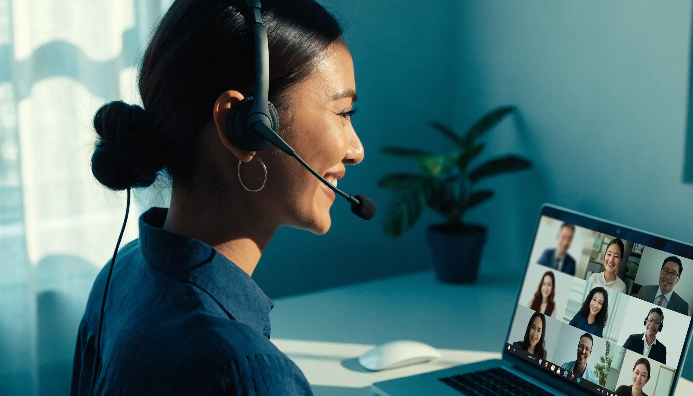 Filipino remote professional on a video call with international colleagues