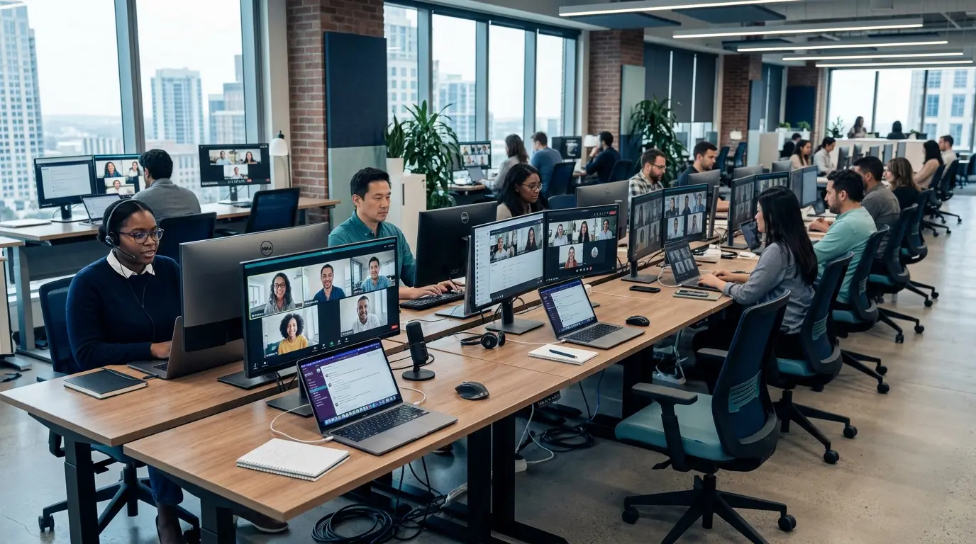 A diverse remote team collaborating across multiple video calls